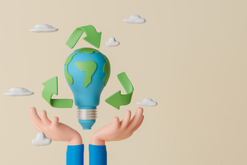3d rendering concept ecology and environment illustration with hand holding light bulb shaped earth and recycle icon.