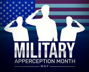 Military Appreciation Month Background Wallpaper with American Flag in the backdrop. Celebrating and honoring the military of the United States in May