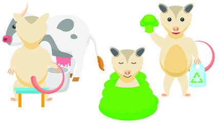 Set Abstract Collection Flat Cartoon Different Animal Opossum Milking A Cow, With Package And Eco Food, Sleeping Wrapped In Blanket Vector Design Style Elements Fauna Wildlife