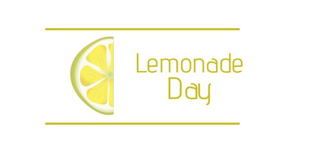 Illustrative image of lemonade day text and lemon slice with lines on white background, copy space
