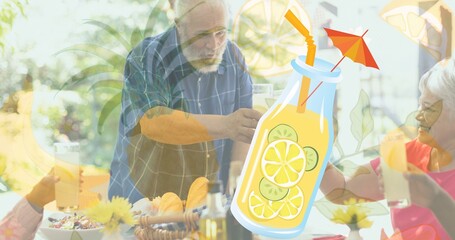Composite of lemonade in bottle and caucasian senior man enjoying lemonade with friends at gathering