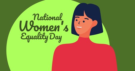 Illustrative image of woman with national women's equality day text on green background, copy space