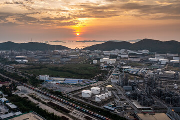 Oil and gas industry - refinery, from drone camera ,Oil refinery and Petrochemical plant at twilight,