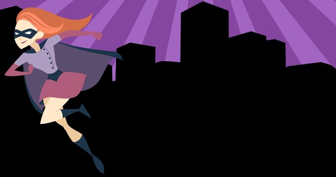 Illustrative image of woman wearing cape and mask running against buildings in city, copy space