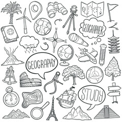 Geography Doodle Icons. Hand Made Line Art. School Subject Clipart Logotype Symbol Design.