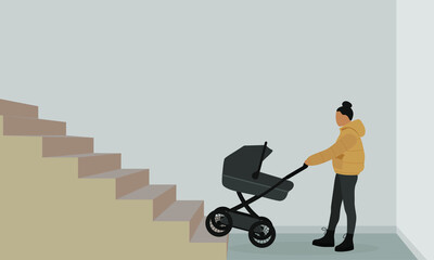 A female character with a baby stroller climbs the stairs