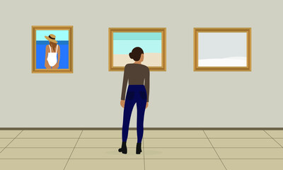 Female character looking at paintings hanging on the wall