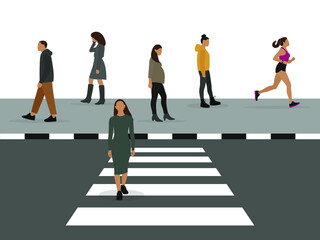 Various characters on the sidewalk and crosswalk