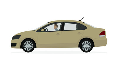 Beige passenger car with a driver on a white background