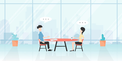Vector illustration of employees talking to each other Meet and talk in a friendly way in business.