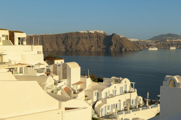 The whitewashed hillside buildings of the village Oia, Santorini, Greece