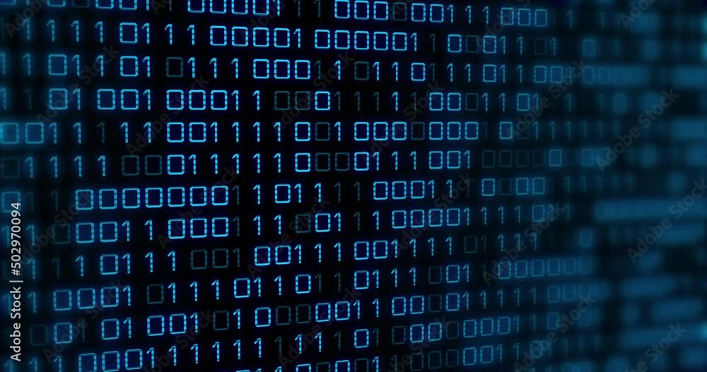 Poster animation of blue binary code changing on black background
