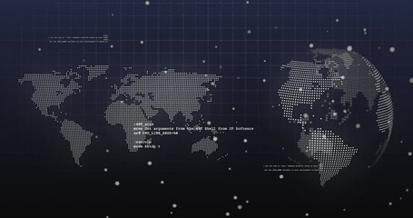 Animation of dots and data processing over world map and rotating globe on navy background