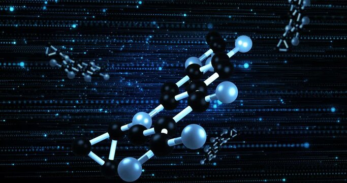 Animation of molecules rotating on blue and black background