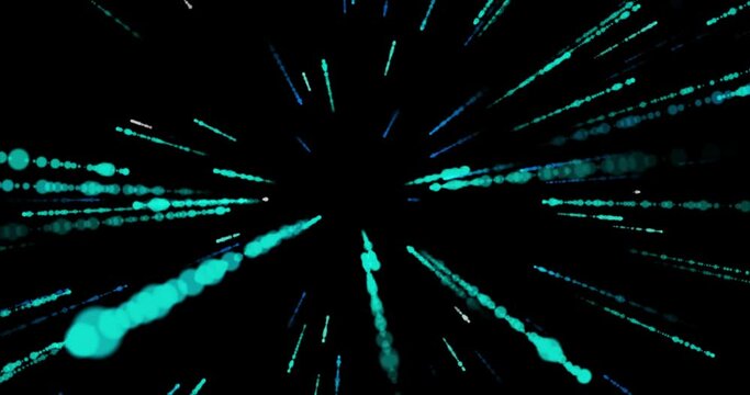 Animation of lines made of green dots moving fast in perspective on black background
