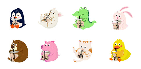 Obraz premium Cute Cartoon Animals Drinking Boba milk Tea, Pearl milk tea, vector illustration