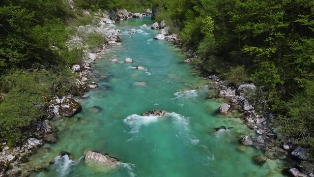 Aerial view of emmerald river soca slovenia 4k - fresh water concept
