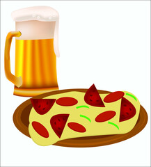A tasty pizza with cheese and tomatoes and a mug of beer. This logotype can be used for restaurants, cafes and bars. Vector illustration, isolated.