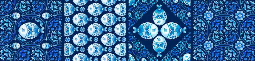 Set of watercolor illustrations with fish - ceramic tile stylization with bkue ornaments. Azulejos portugal, Turkish ornament, Moroccan tile mosaic, Talavera ornament.