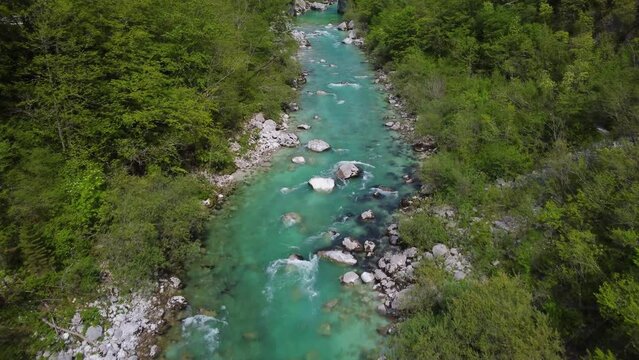 Aerial view of emmerald river soca slovenia 4k - fresh water concept