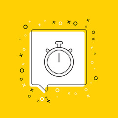 Stopwatch icon in white speech bubble with decorative elements on a yellow background. Modern graphic announcement with thin line symbol. Vector illustration EPS 10