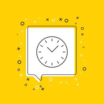 Clock icon in white speech bubble with decorative elements on a yellow background. Modern graphic announcement with thin line symbol. Vector illustration EPS 10