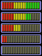 A set of stamina bars from a retro vintage video game (8 bit pixel style), with varying energy levels, from full to empty. Black background.

