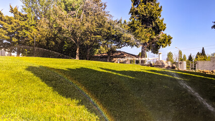 Plakat ?olorful rainbow against the backdrop of a green flowering lawn with freshly cut grass, in spring or summer
