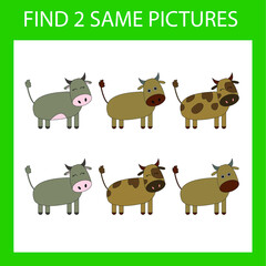 Find a pair game with funny  cow.  Worksheet for preschool kids, kids activity sheet, printable worksheet 
