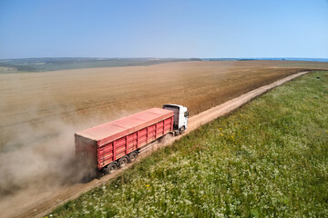 Aerial view of lorry cargo truck driving on dirt road between agricultural wheat fields....