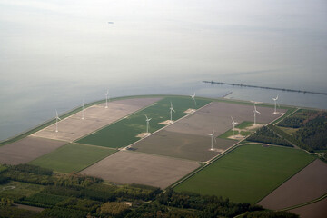 eolic power plant in holland aerial view - obrazy, fototapety, plakaty