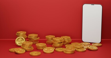 Gold dollar coin with phone on red background. Mobile banking and Online payment service. Saving money wealth and business financial concept. Smartphone money transfer online. 3d render.