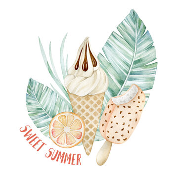 Watercolor illustration card sweet summer with palm leaf, ice cream, orange. Isolated on white background. Hand drawn clipart. Perfect for card, postcard, tags, invitation, t shirt design.