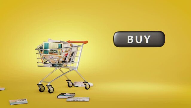 4k video of shopping cart full of books with button buy.
