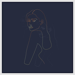 Elegant line art with woman silhouette in continuous line style. Hand-drawn golden contour of female profile. Modern golden linear female portrait for tattoo, printing, logo, backdrop, etc. 