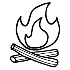 Childish freehand contour drawing of a fire with firewood. Simple cartoon black icon isolated on transparent background