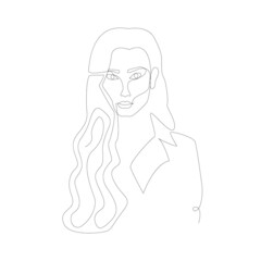 Simple linear illustration with woman on white background. Single line art of female silhouette. Simple girl portrait for printing, logo, tattoo, backdrop, etc. One continuous line concept