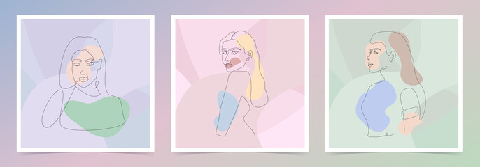 Collection of modern cards with linear women on spotty background. Simple line art of female silhouettes. Human portraits for printing, wall art, logo, tattoo, backdrop, cover design, etc.