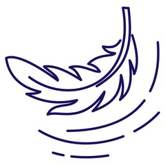 Simple vector icon with thin lines of the light bird feather. Blue outline pictogram isolated on transparent background