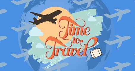 Illustration of time to travel text and flying airplanes, sun, earth, clouds over blue background
