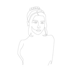 Simple line art of elegant woman. Modern fashion illustration with female portrait. Linear lady silhouette for tattoo, backdrop, printing, t-shirts, media, logo, etc.