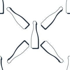 Wine bottles seamless pattern. Line art style. Outline image. Black and white repeat template. Party drinks concept. Illustration on white background. Flat design style for any purposes