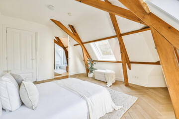 Contemporary bedroom interior with cozy bed and rattan nightstands