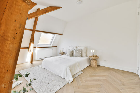 Contemporary Bedroom Interior With Cozy Bed And Rattan Nightstands