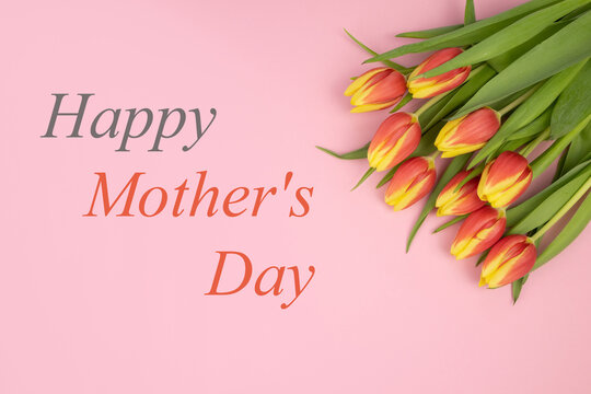 Tulips are yellow-red, on a pink background and the text HAPPY MOTHER'S DAY, in red and gray. Concept greeting card, gratitude, invitation, congratulation. Mokap, copy space. High quality photo