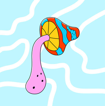 Bright psychedelic 1970 style poster with mushroom. Vector illustration.