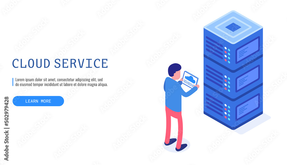 Poster man holding a tablet with data from the cloud service. cloud server. isometric vector.