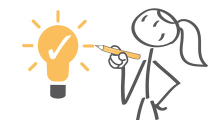 Woman with a light bulb - problem solving - stick figure wit light bulb