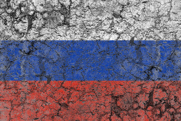 Russia flag painted on a damaged old concrete wall surface