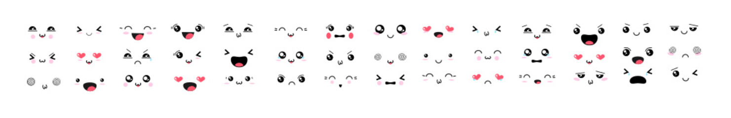 Kawaii cute faces. Manga style eyes and mouths. Funny cartoon japanese emoticon in in different expressions. For social networks. vector anime character and emoticon face illustration. Background.
